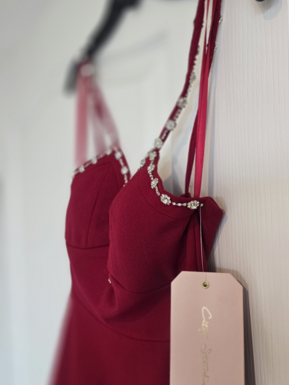 NWT Rhinestone Strap Fit & Flare Mini Dress Raspberry Red XS - Picture 6 of 9